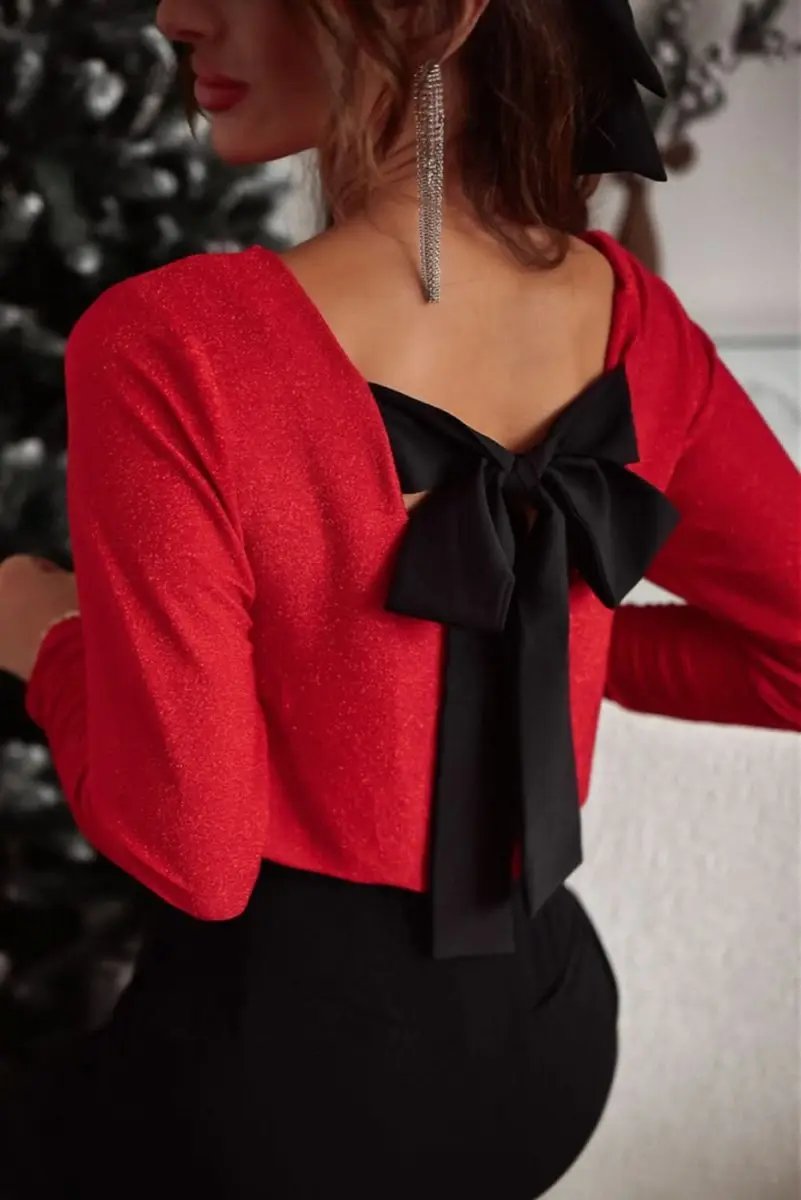 Racing Red Metallic Bowknot Open Back V Neck Top - Love Salve